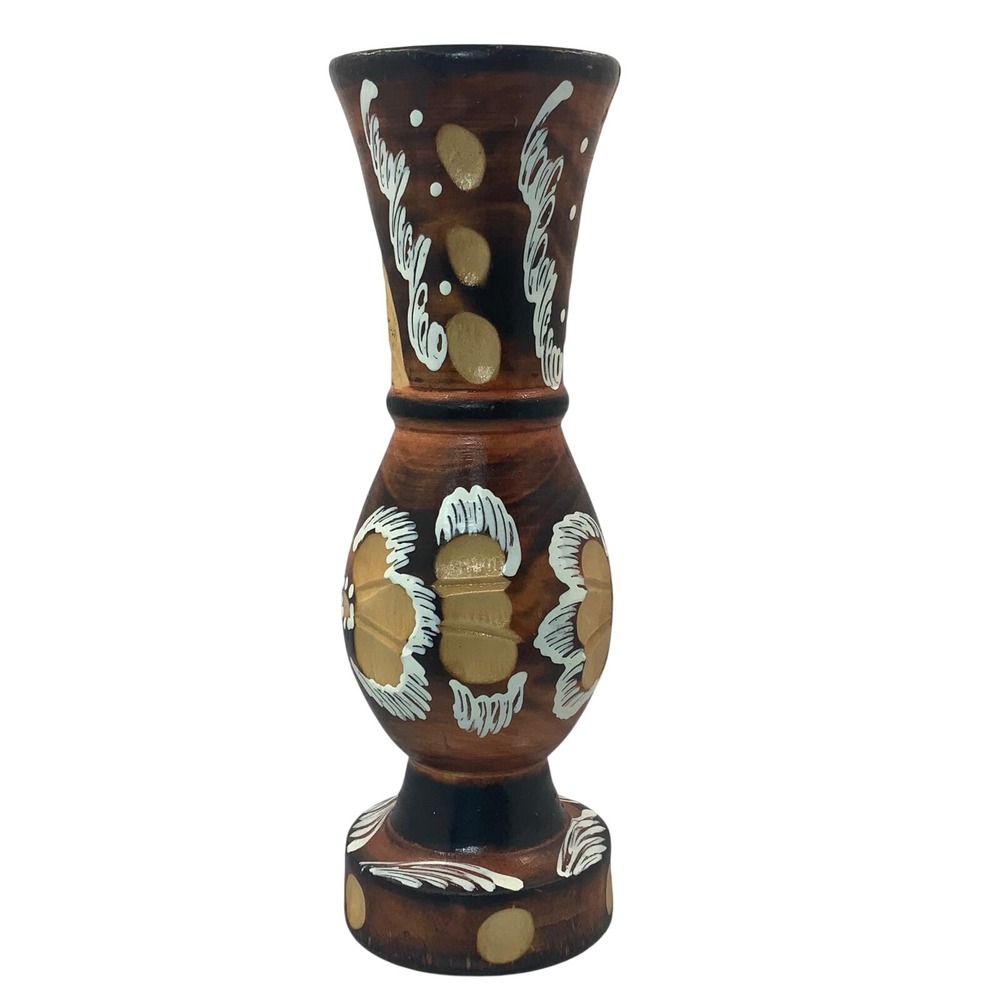 Vintage Unbranded Hand Painted Floral Wood 8.25 Inch Vase